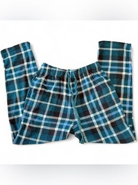 Cuddl Duds blue green navy white plaid flannel fleece pants cozy sleepwear